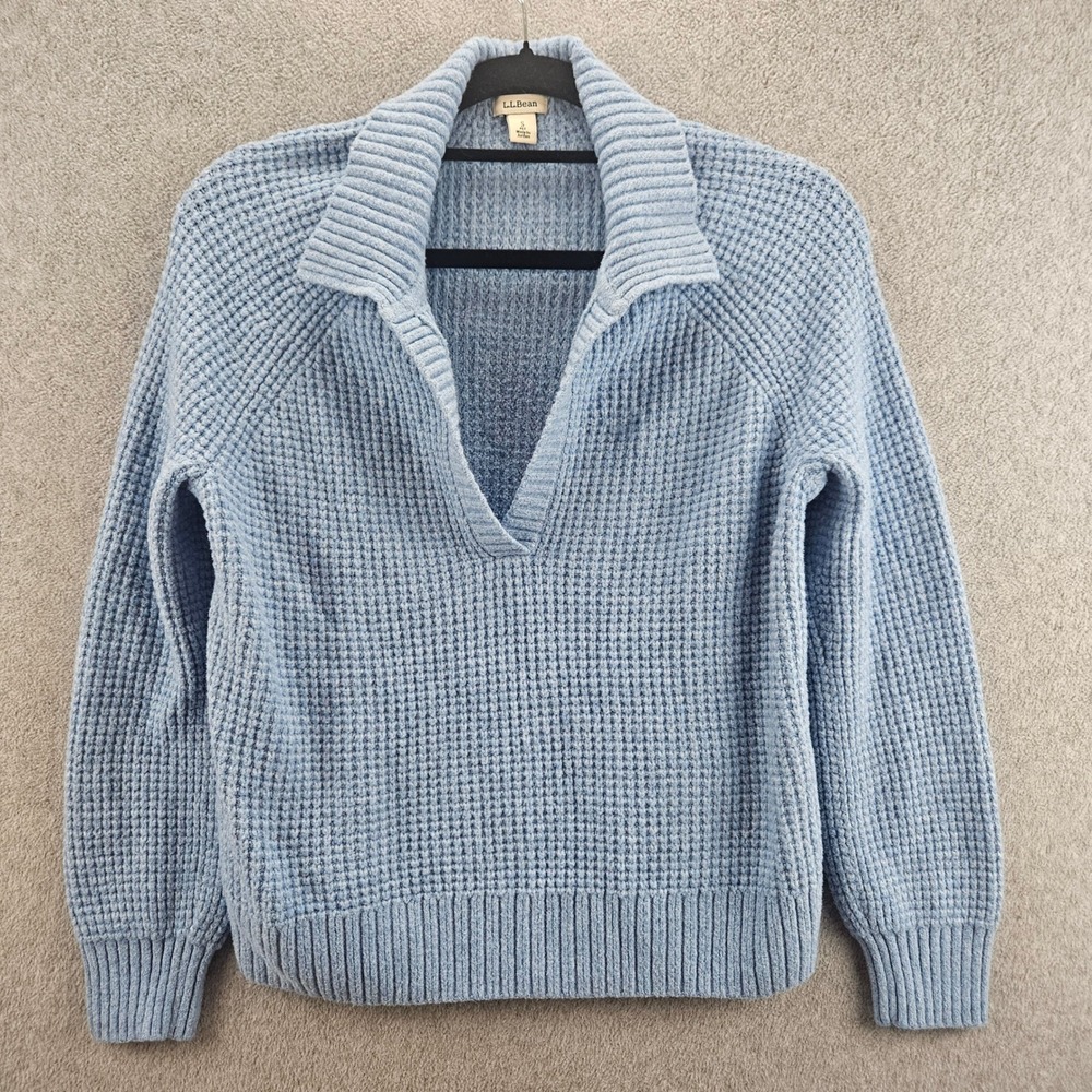 L.L.BEAN Sweater Women S PET Blue Waffle Knit V-Neck Pullover Preppy Classic